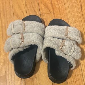 All Saints Gray Fleece Buckle Slides